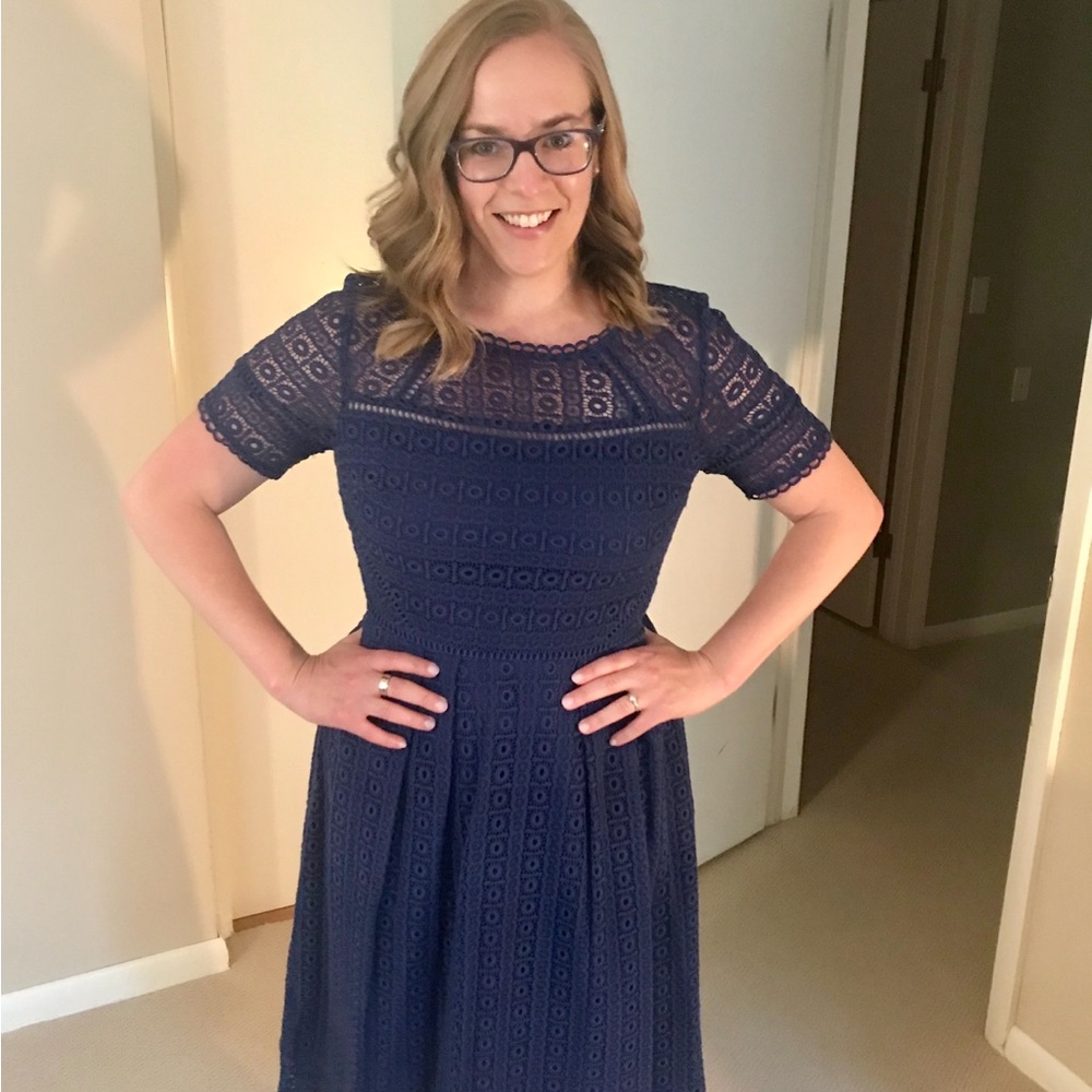 Boden Blue A-Line Midi Dress with Crew Neck
